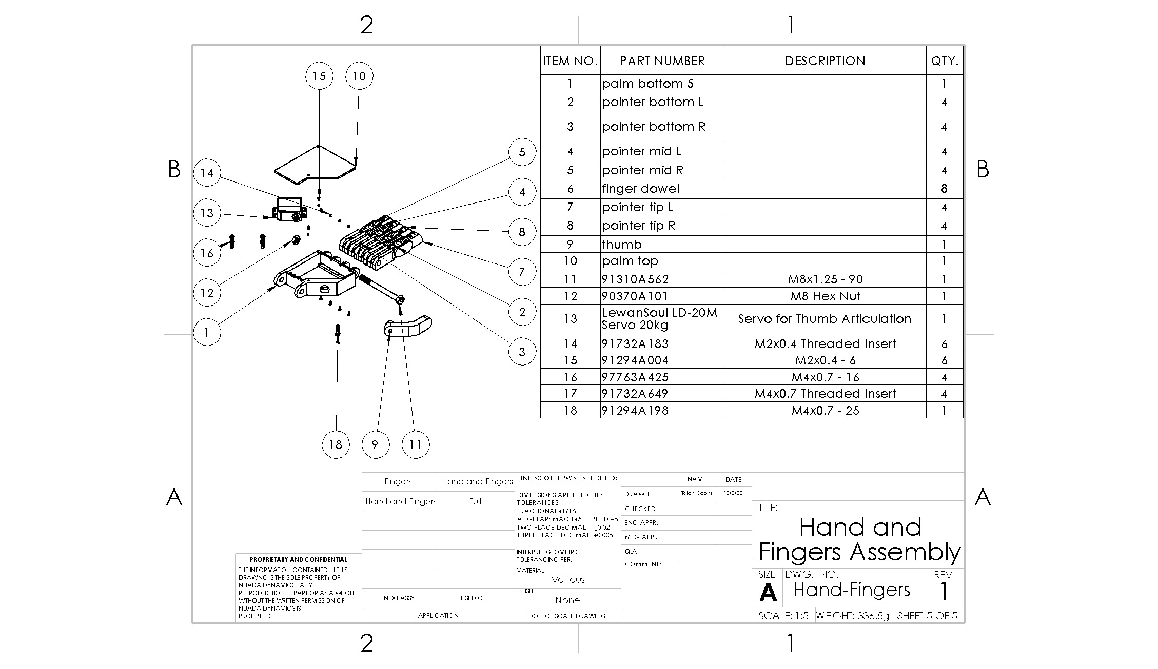Hand subassembly BOM